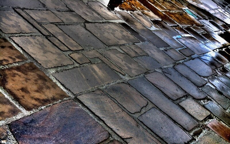 Wet Cobblestone Pavement — Gray, Dramatic, Photograph