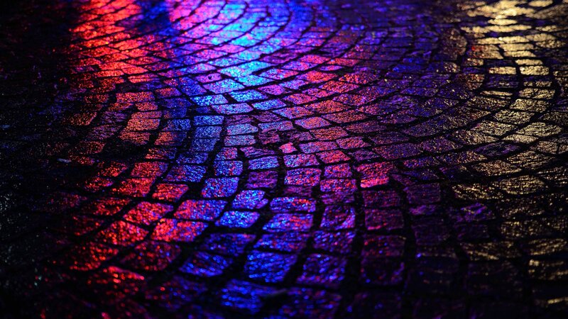 Wet Cobblestone Pavement — Red, Dramatic