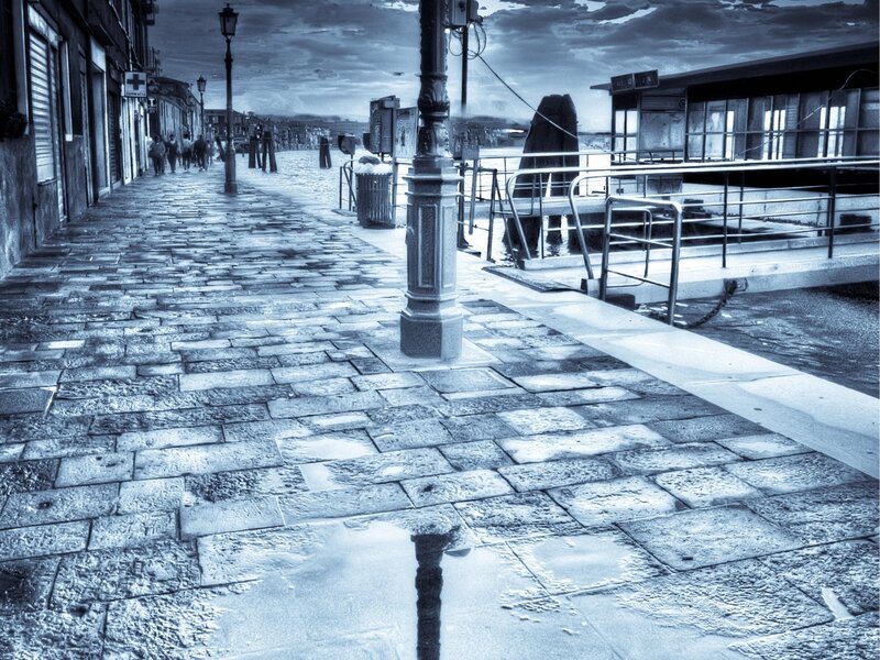 Wet Cobblestone Street — Blue