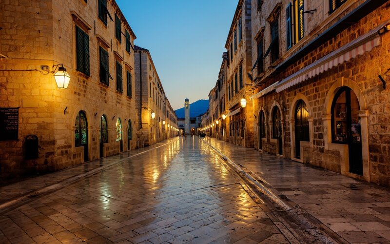 Wet Cobblestone Street — Brown, Serene