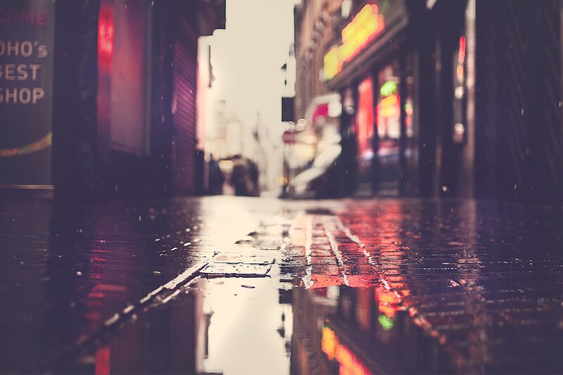 Wet Cobblestone Street — Red