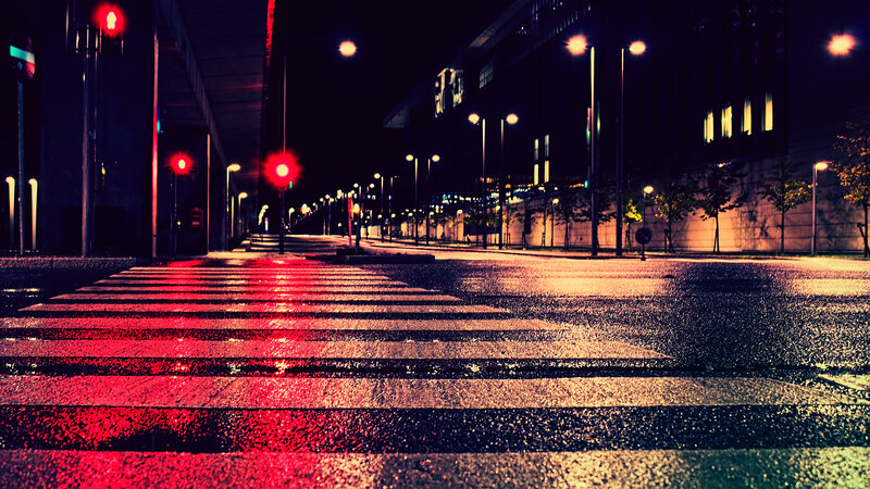 Wet Crosswalk at Night — Red, Dramatic