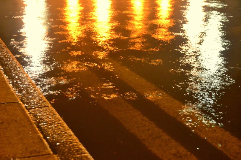 Wet pavement reflecting streetlights