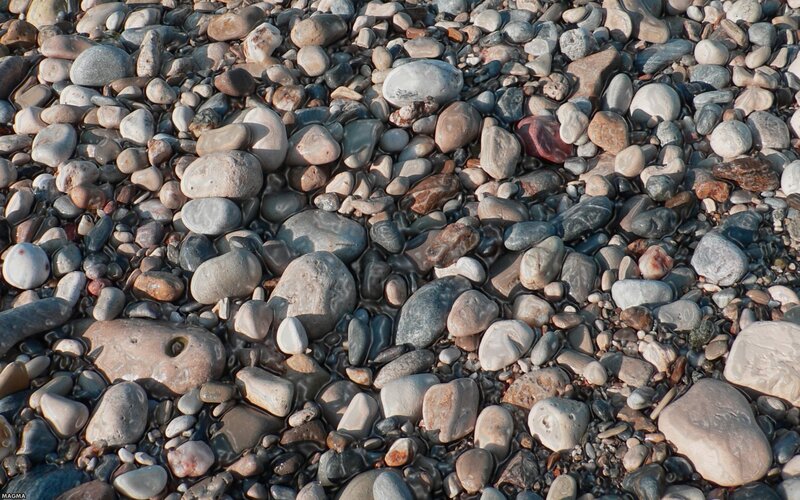 Wet Pebbles on Beach — Gray, Calm, Afternoon