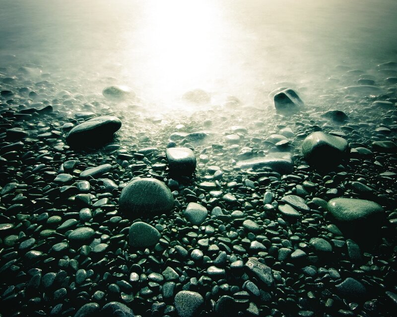 Wet Pebbles on Beach — Green, Serene, Sunset