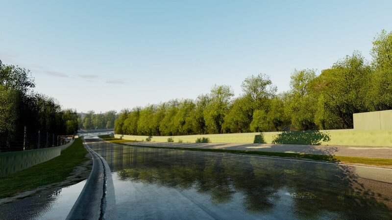 wet racetrack with trees