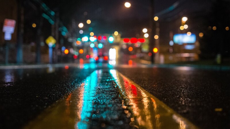 Wet Road at Night — Black, Dark, Photograph, Lights, Street, Car