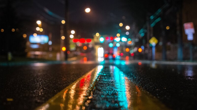 Wet Road at Night — Black, Dark, Photograph, Lights, Street
