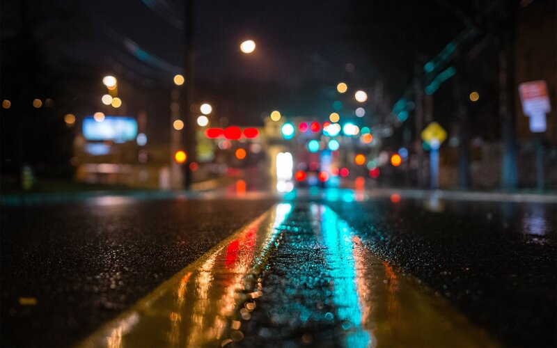 Wet Road at Night — Black, Dark, Photograph, Lights