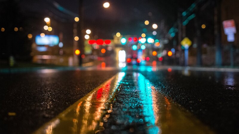 Wet Road at Night — Black, Dark, Photograph, Street Lights