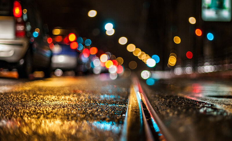 Wet Road at Night — Black, Dark, Photograph