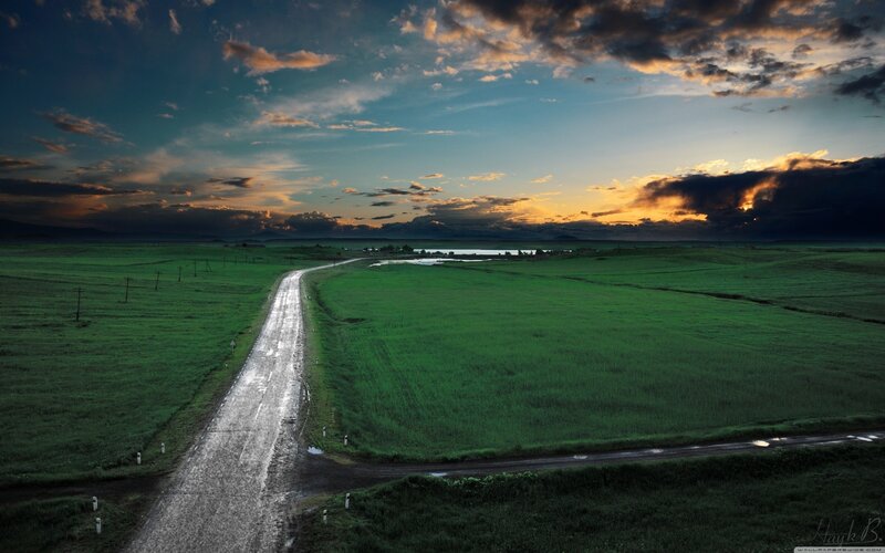 Wet Road in Green Fields — Dramatic