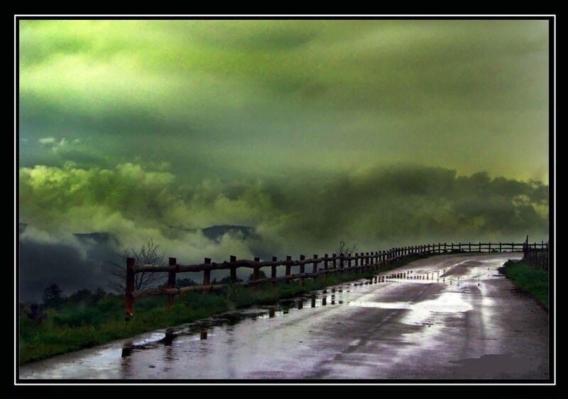 Wet Road Under Green Sky