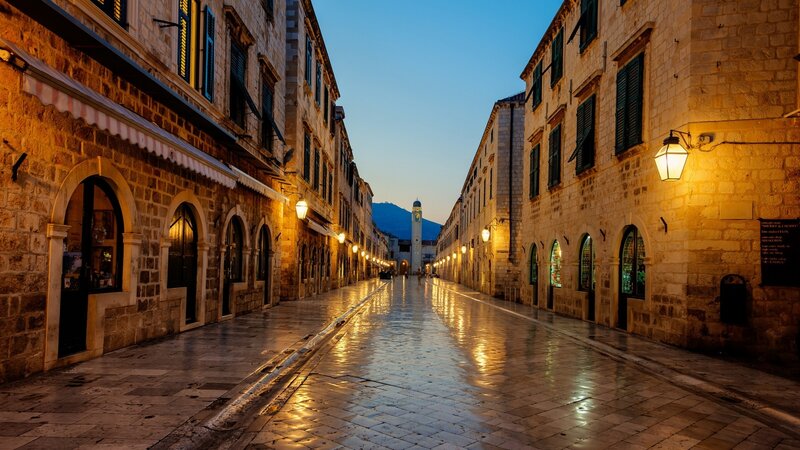 Wet Stone Street at Dusk