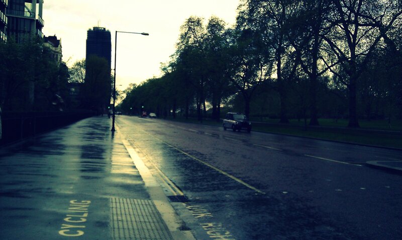 wet street with cycling lane