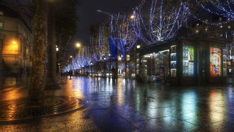 Wet Street with Lights — Blue, Dramatic, Night