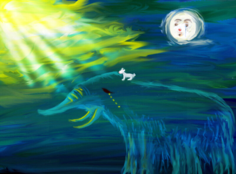 Whale and moon in dreamy sea