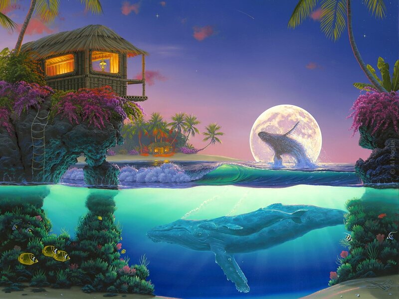 Whale and Moonlit Beach Scene