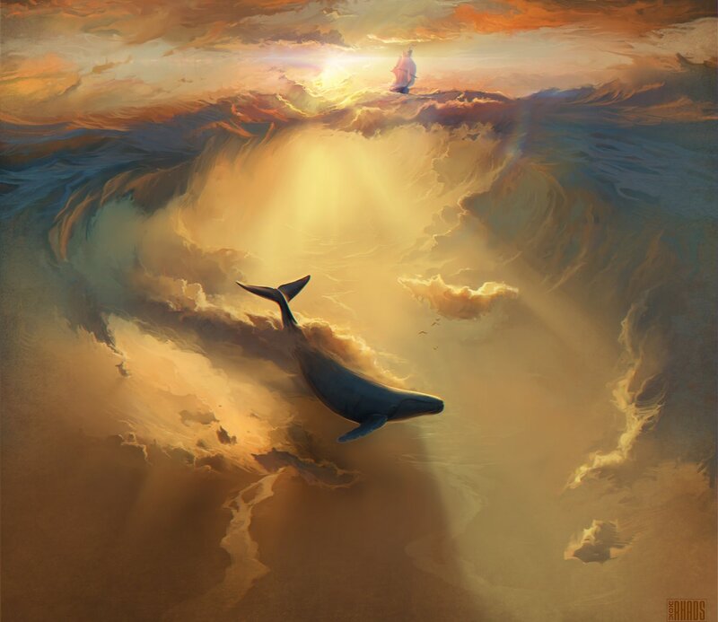 Whale and ship in golden sky