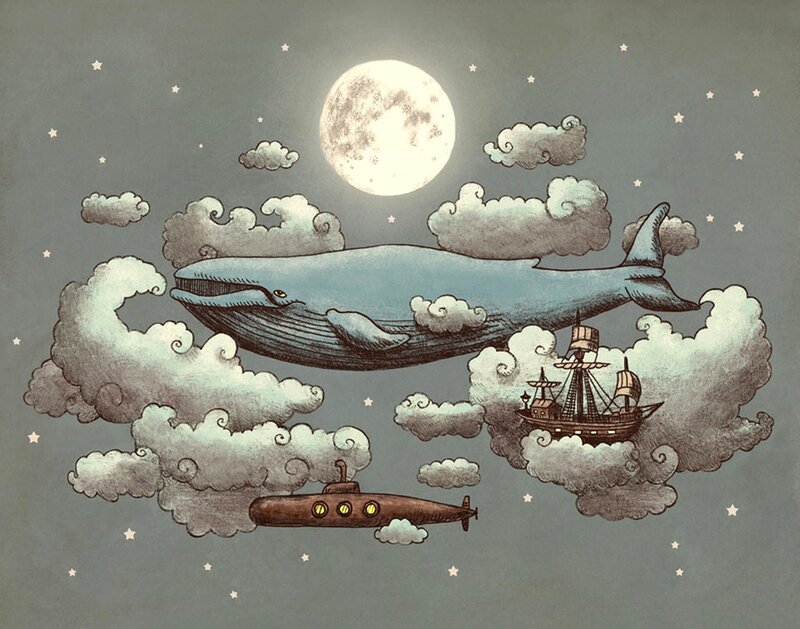 Whale and ship in the night sky
