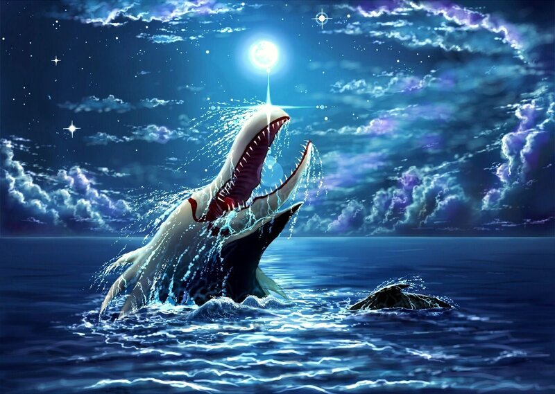 Whale breaches under moonlight