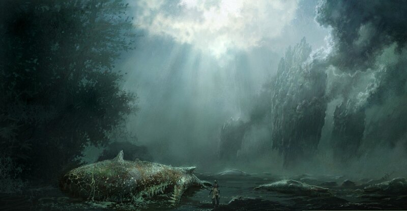 Whale carcass in misty forest
