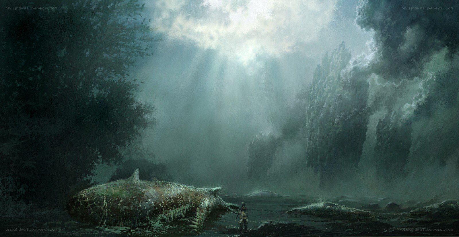 Whale carcass in misty forest