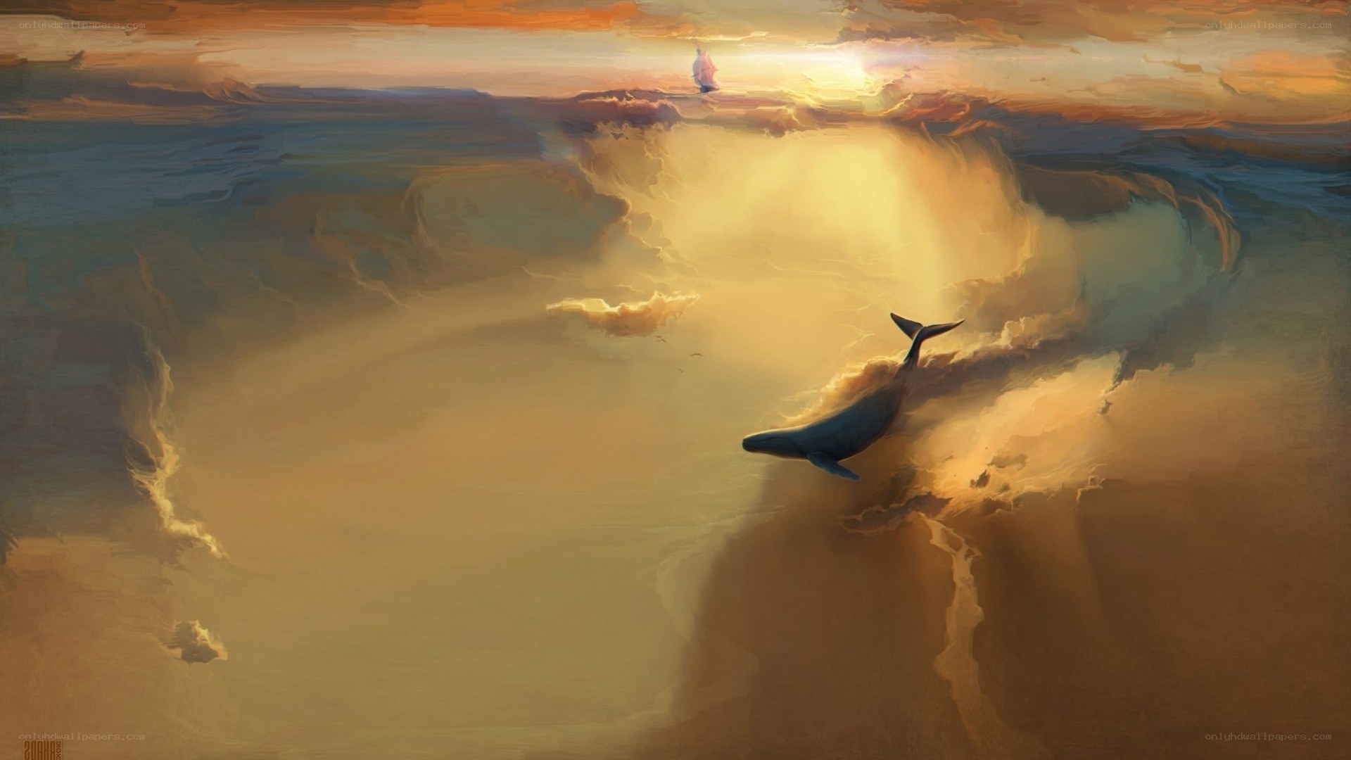 Whale in golden sky