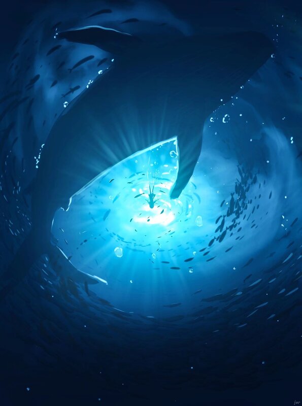 Whale in Ocean — Blue, Serene, Night