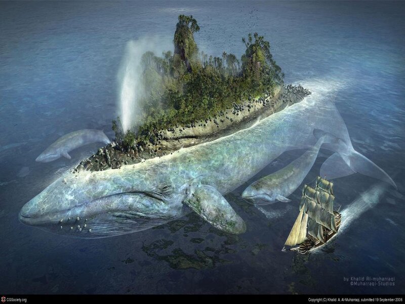 Whale Island with Ship — Blue, Fantastical, Digital Art, Whales