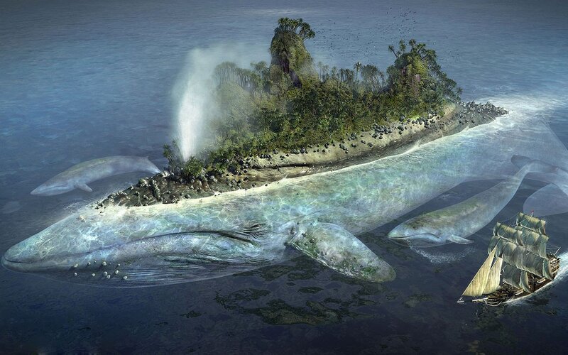 Whale Island with Ship — Blue, Fantastical