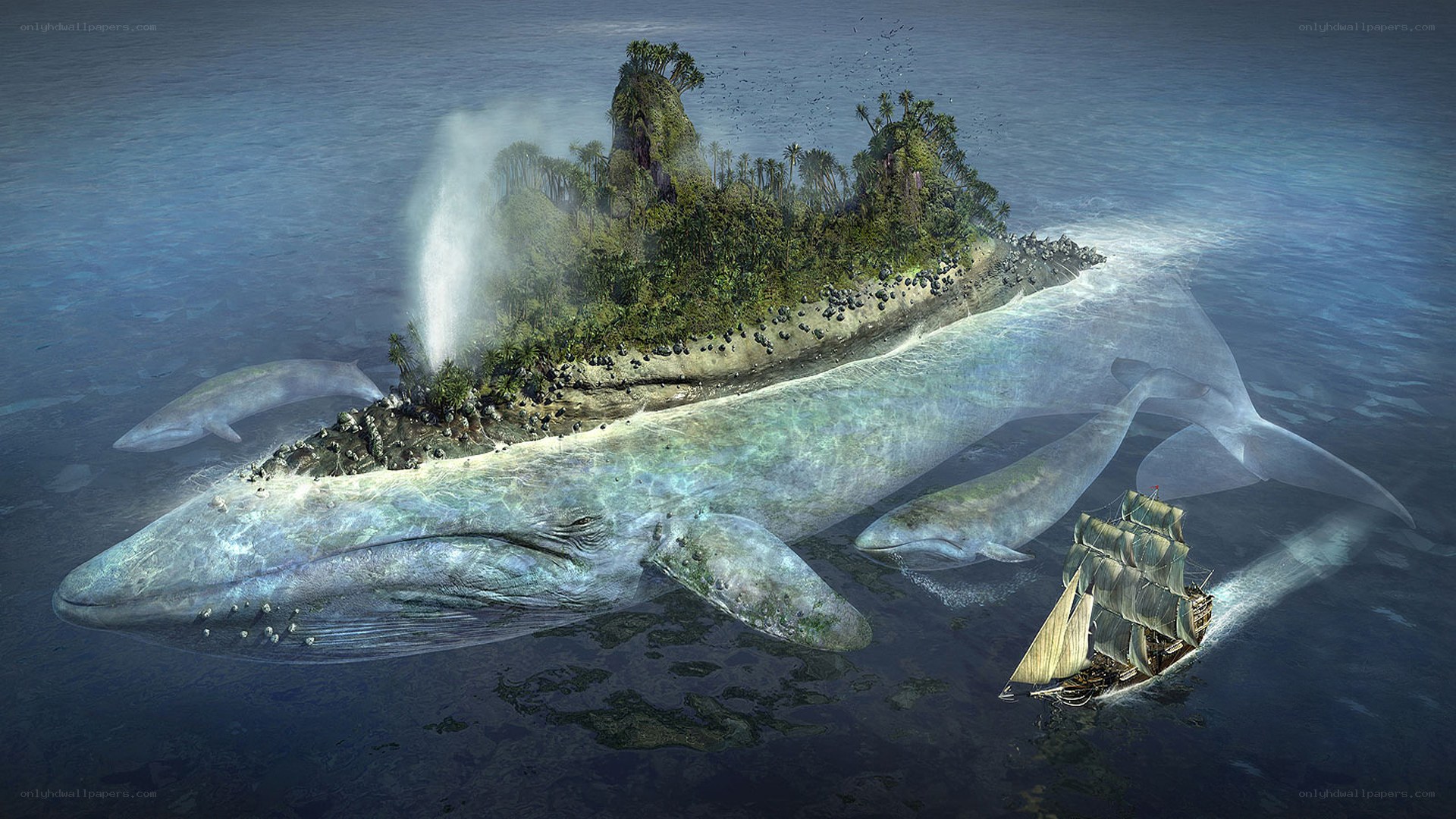 whale island with ship