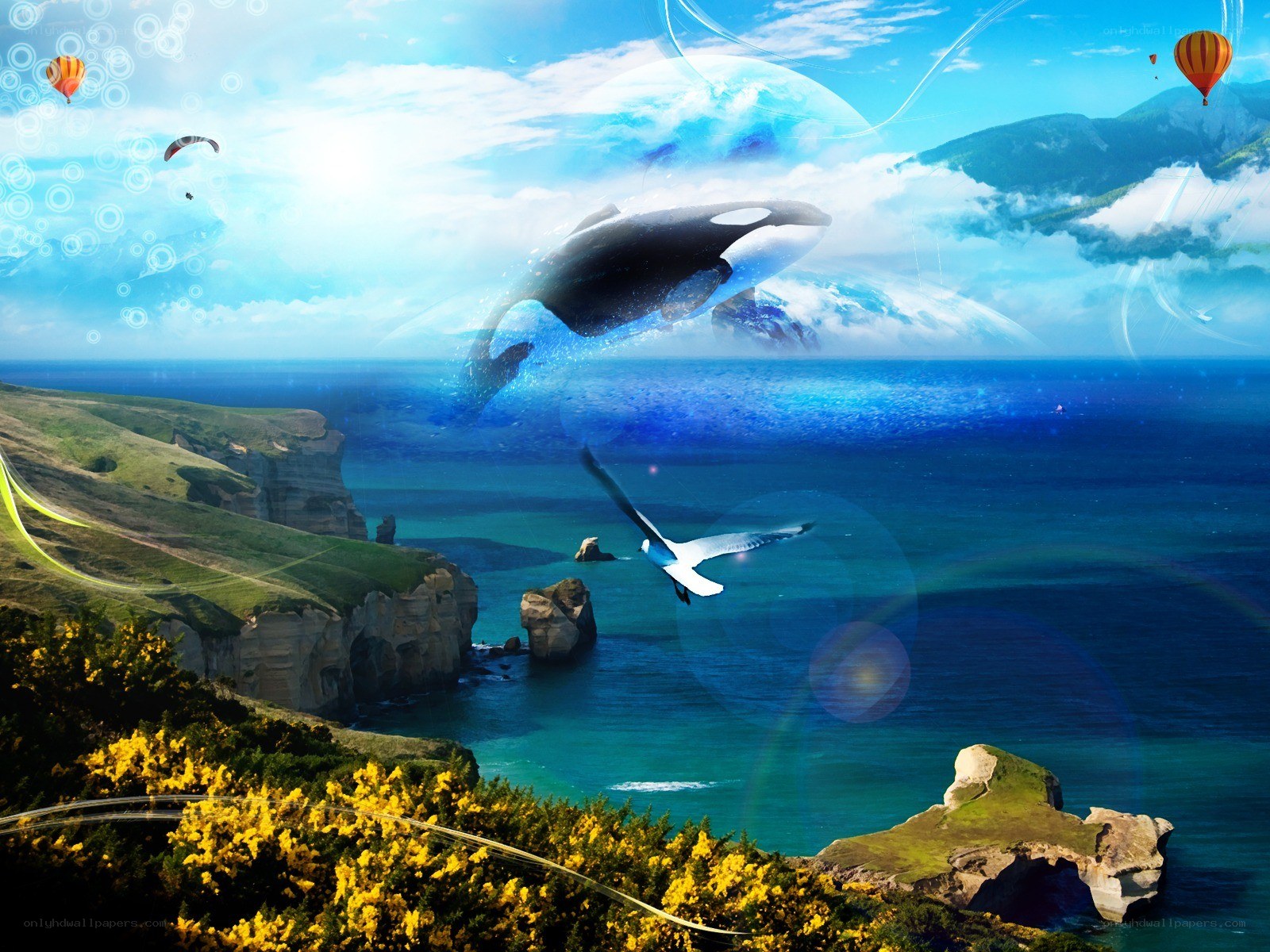 Whale leaping over coastal cliffs