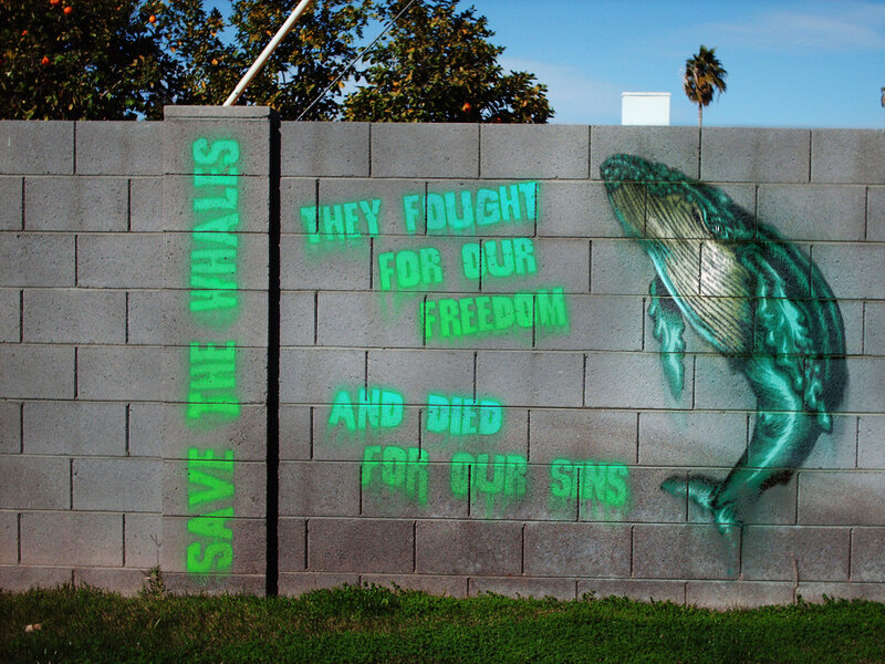 Whale mural on concrete wall
