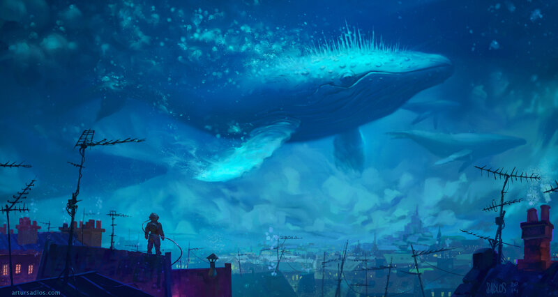 Whale over City — Blue, Dramatic, Night