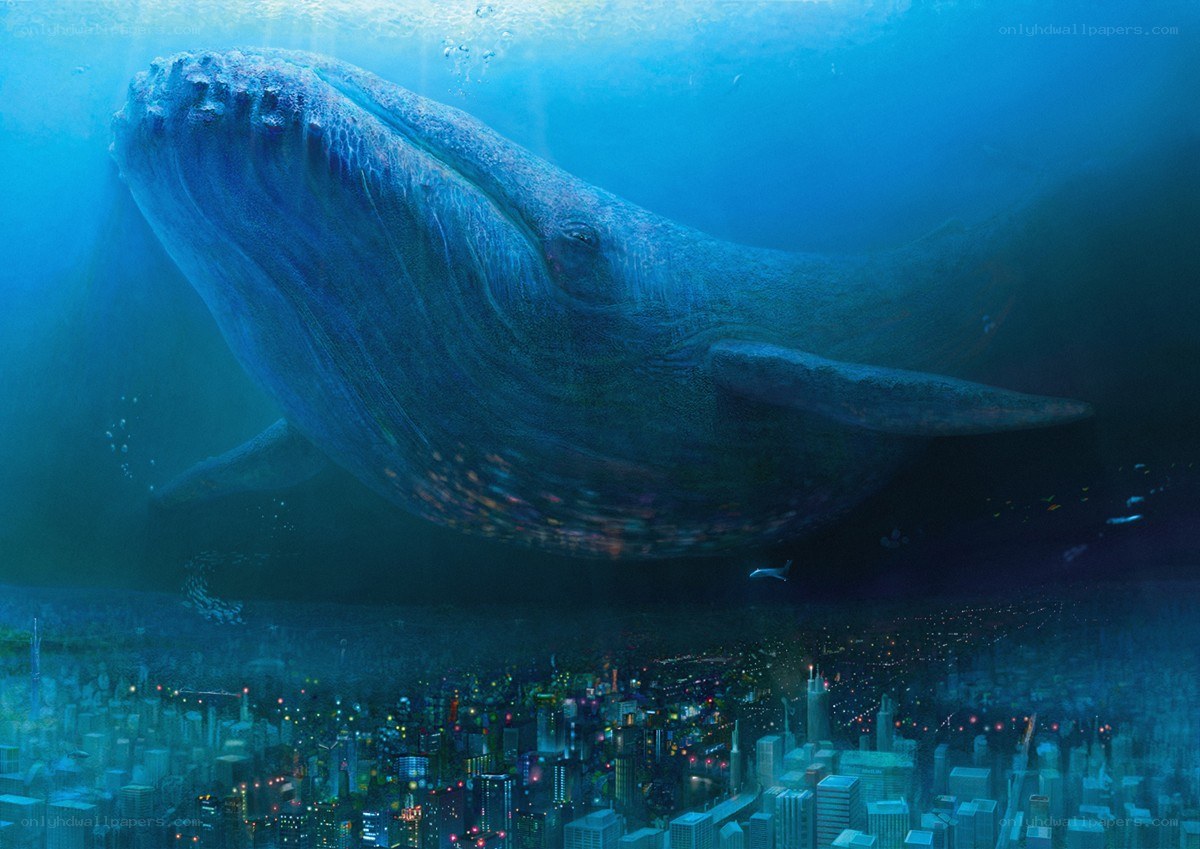 Whale over submerged city