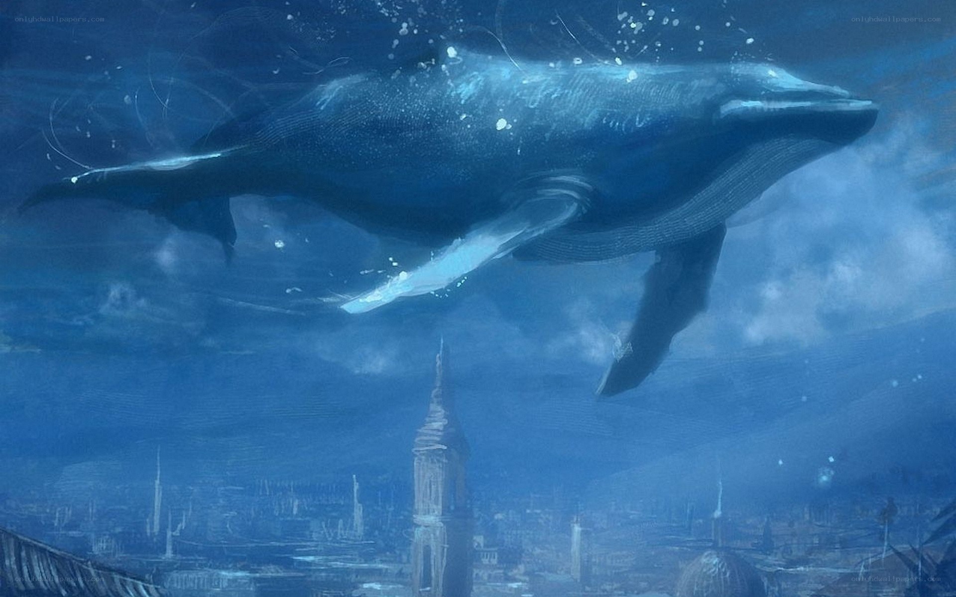 Whale over underwater city
