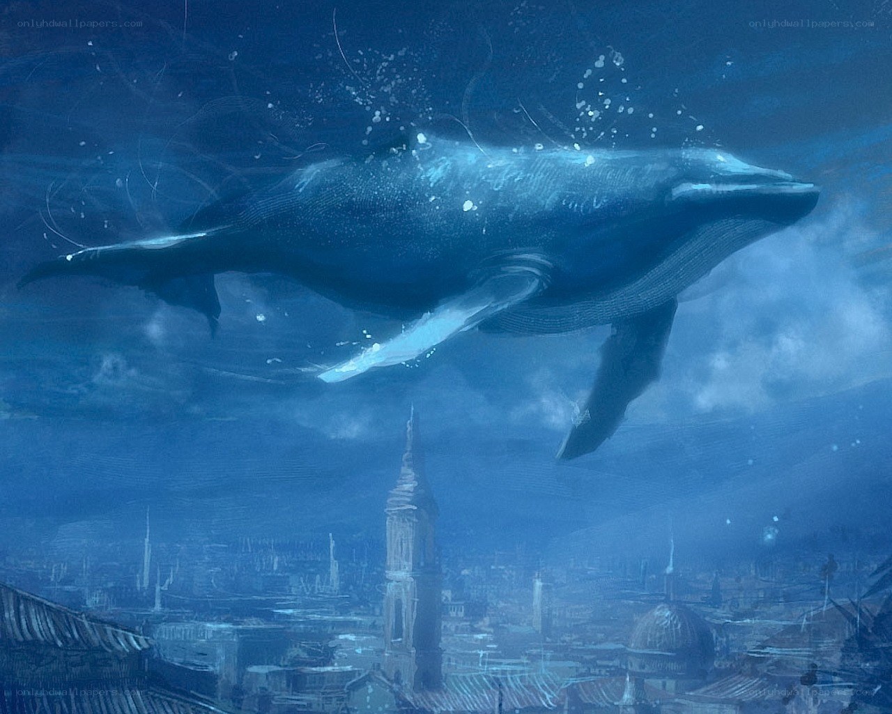 Whale over underwater city