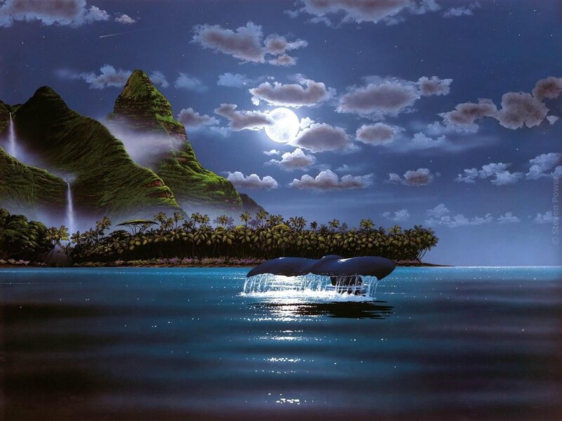 Whale Tail in Ocean — Blue, Serene, Night, Digital Art, Mountain