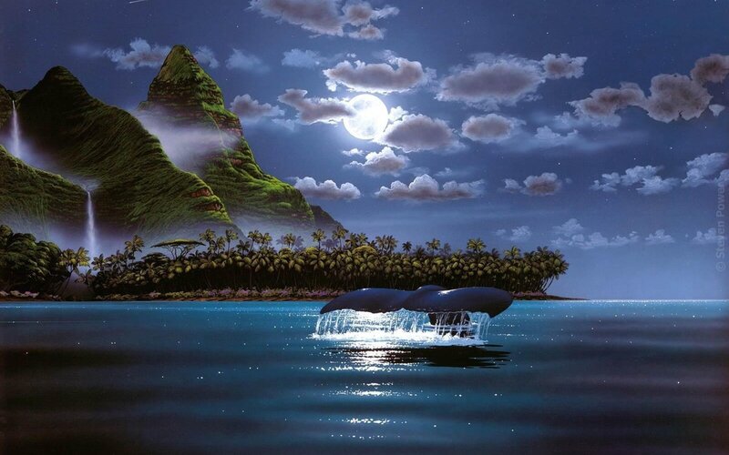 Whale Tail in Ocean — Blue, Serene, Night, Digital Art