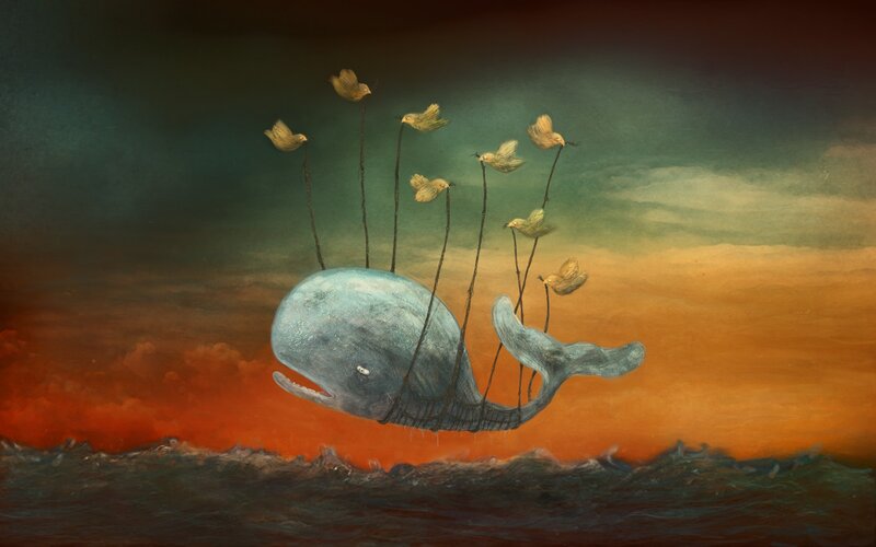 Whale with birds on strings