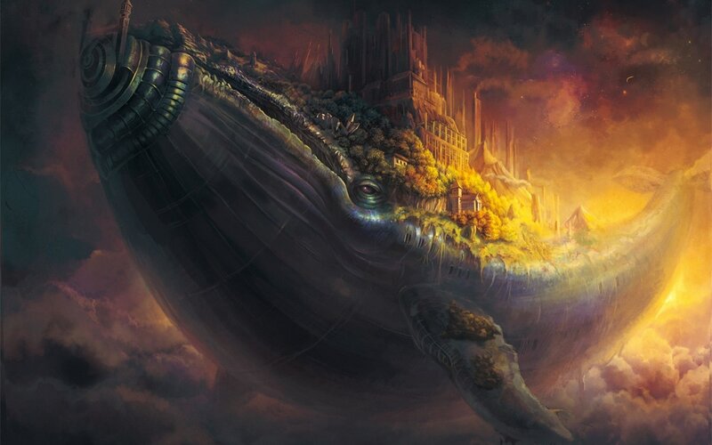 Whale with City on Back — Yellow, Dramatic, Sunset