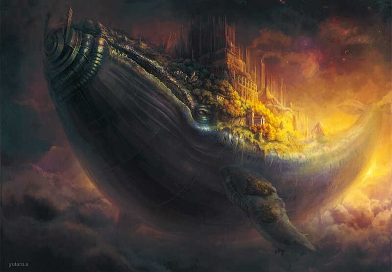 Whale with City on Back — Yellow, Dramatic