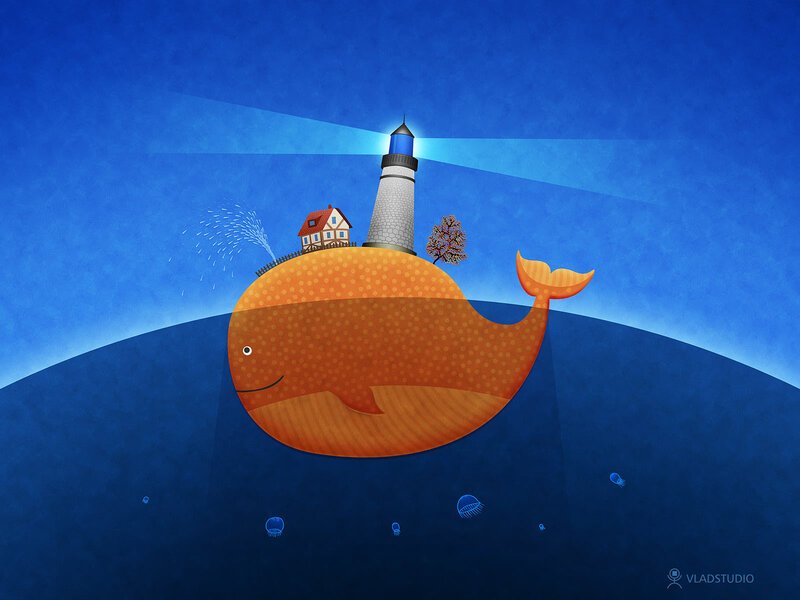 Whale with lighthouse and house