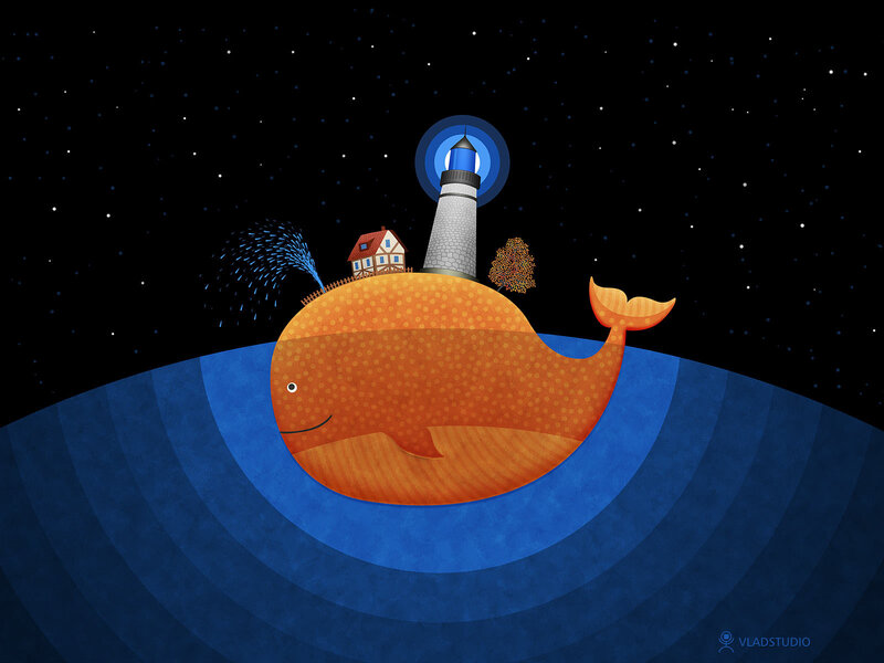 Whale with Lighthouse — Blue, Serene, Night