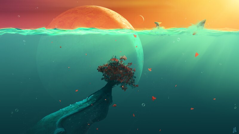 Whale with Tree on Back — Teal, Serene