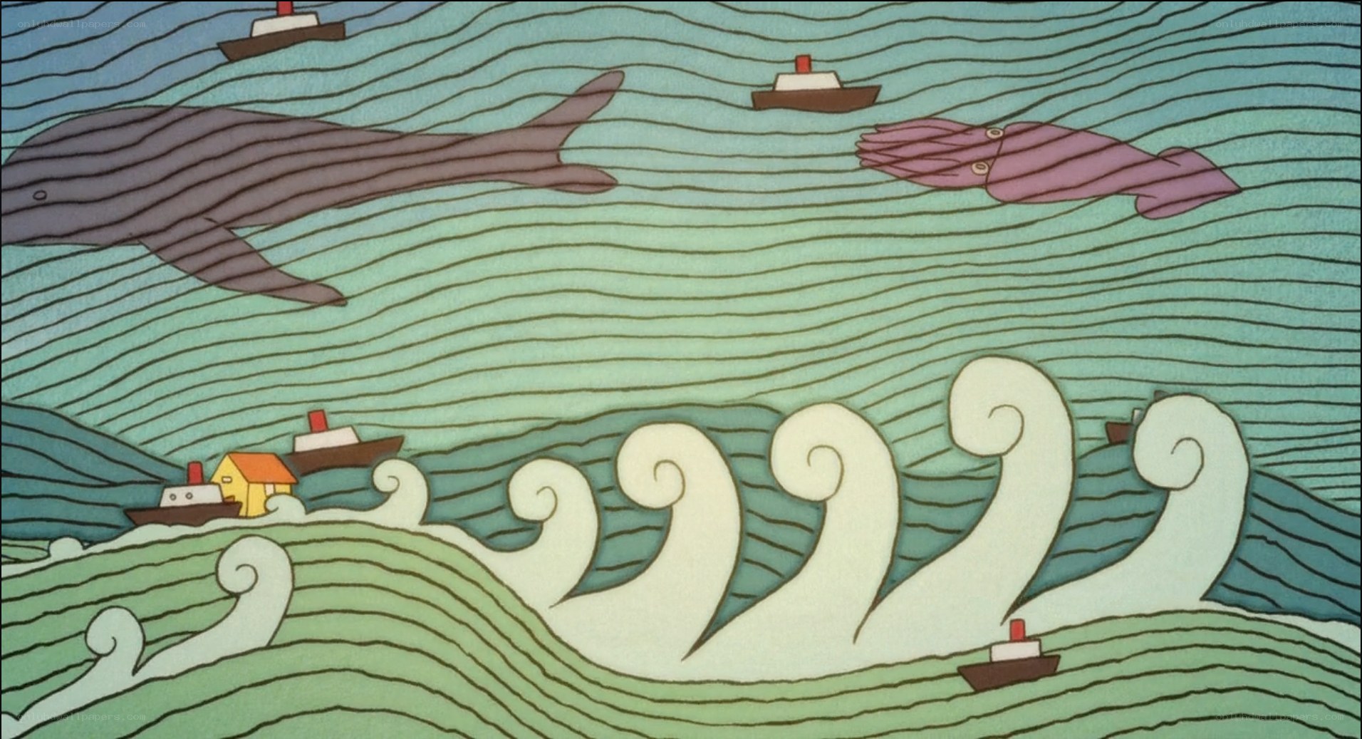 Whales and boats in ocean waves