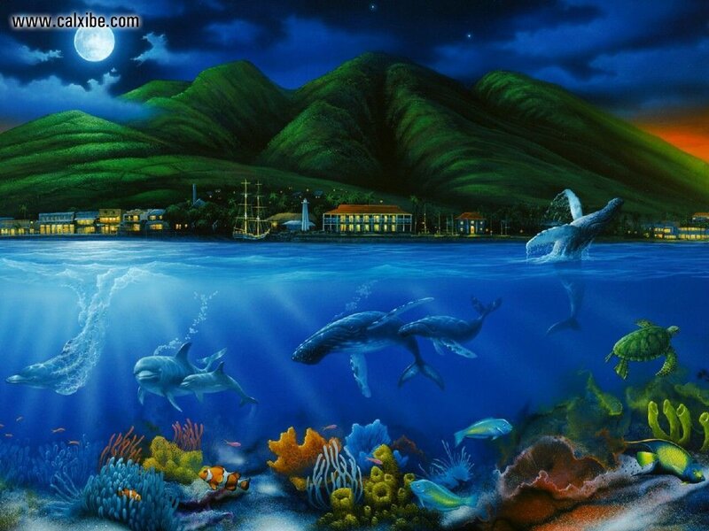 Whales and Dolphins in Ocean — Blue