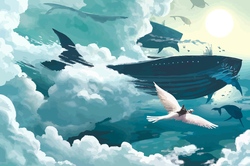 Whales and Seagulls in the Ocean