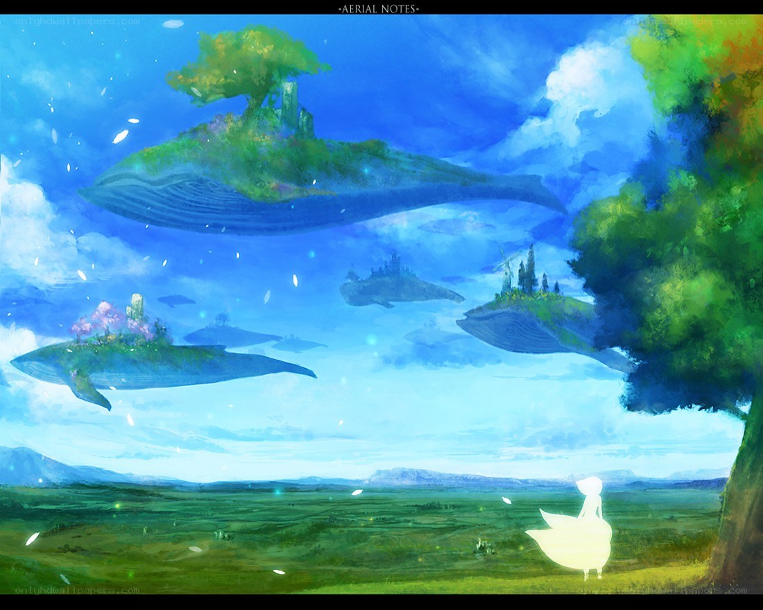 whales carrying floating islands